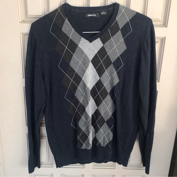 Claiborne Ladies Argyle Sweater Gray SzM Long Sleeves 100% Cotton - Picture 4 of 7